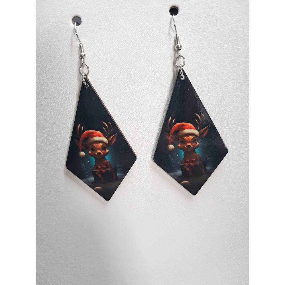 Handmade‎ Christmas Reindeer Wooden Dangle Earrings Santa Hat Diamond Drop